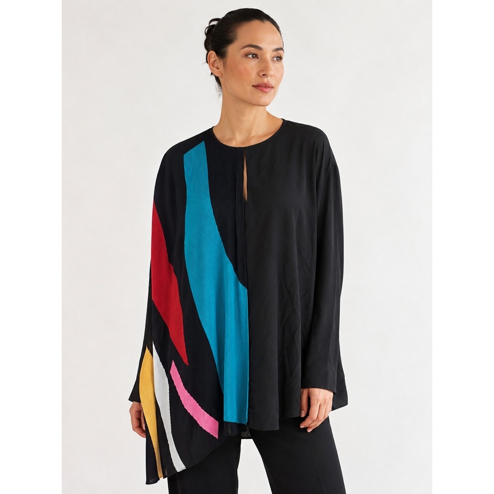 Carlisle Silk Top Colorblock Pleated Tunic Blouse Abstract Art Plus Size 16